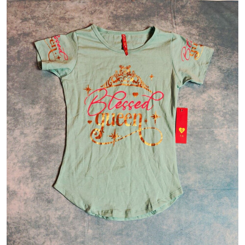 Cute 4 U Girls Light Blue Blessed Queen Glitter Graphic Cotton Tee Size 7-8